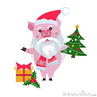 Cute pig Santa Claus with Christmas tree and gifts on white background, symbol in the Chinese calendar of the 2019 Year. Vector Illustration